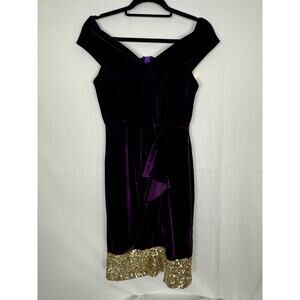 Yavashop Purple Velvet Off Shoulder Dress w/ Gold Sequin Trim Size Small/ Medium